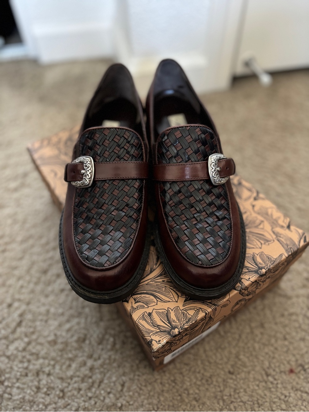 Brighton Women's Woven Leather Loafers in Dark Brown with Silver Buckle